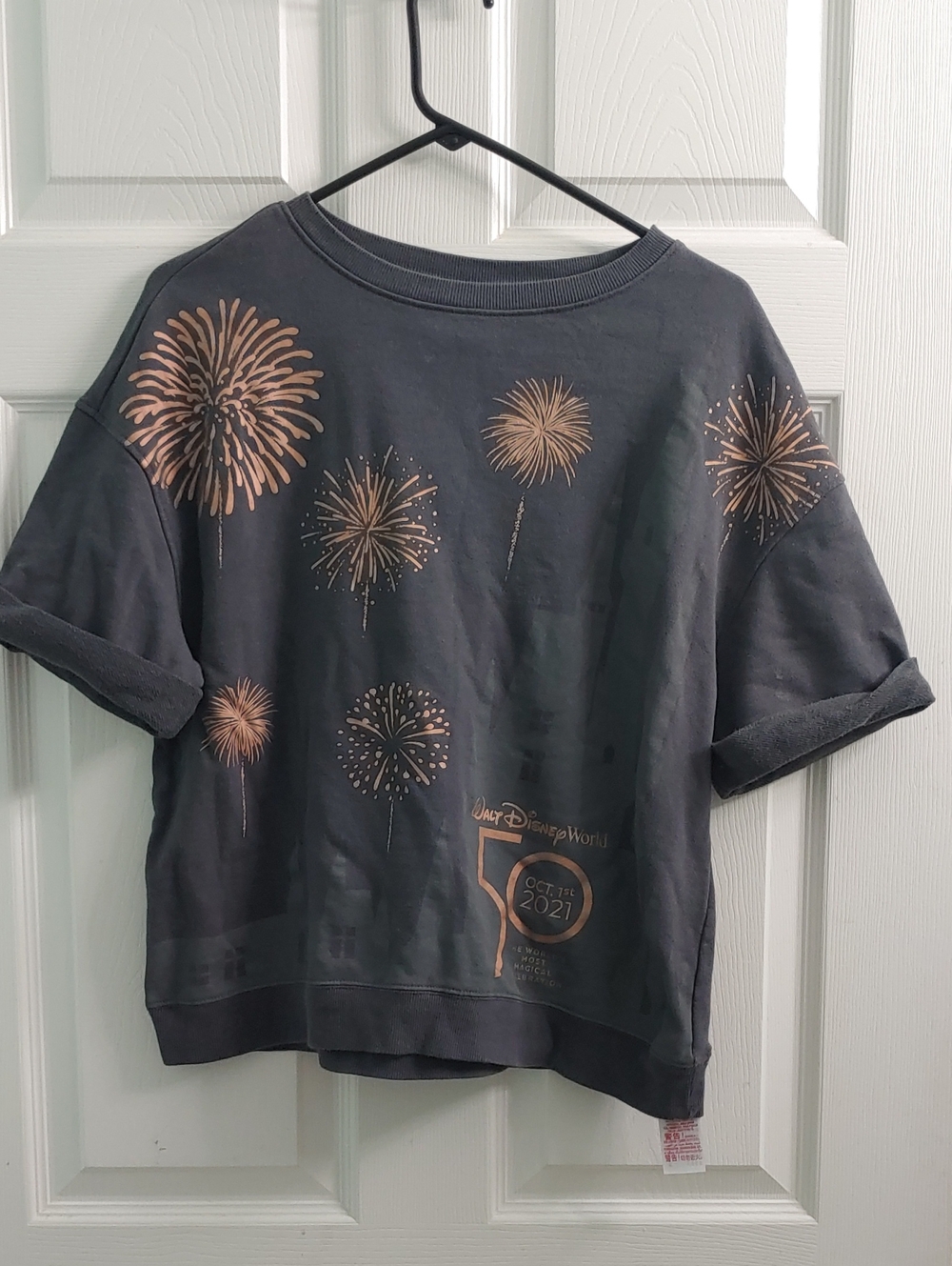 Disney 50th Anniversary Sweatshirt Women's L Gray Short Sleeve Rose Gold Print